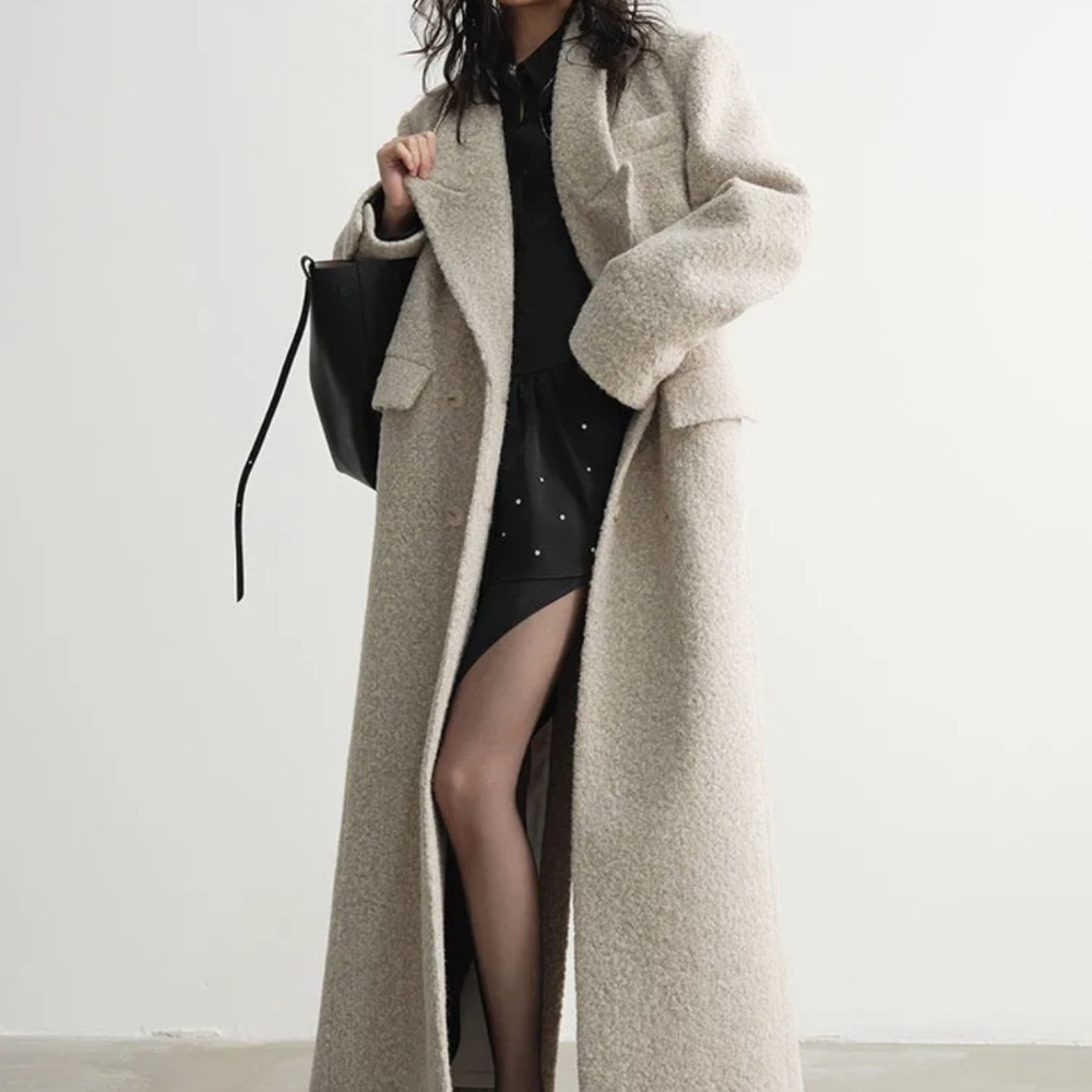 Womens Long Bouclé Coat in Cream